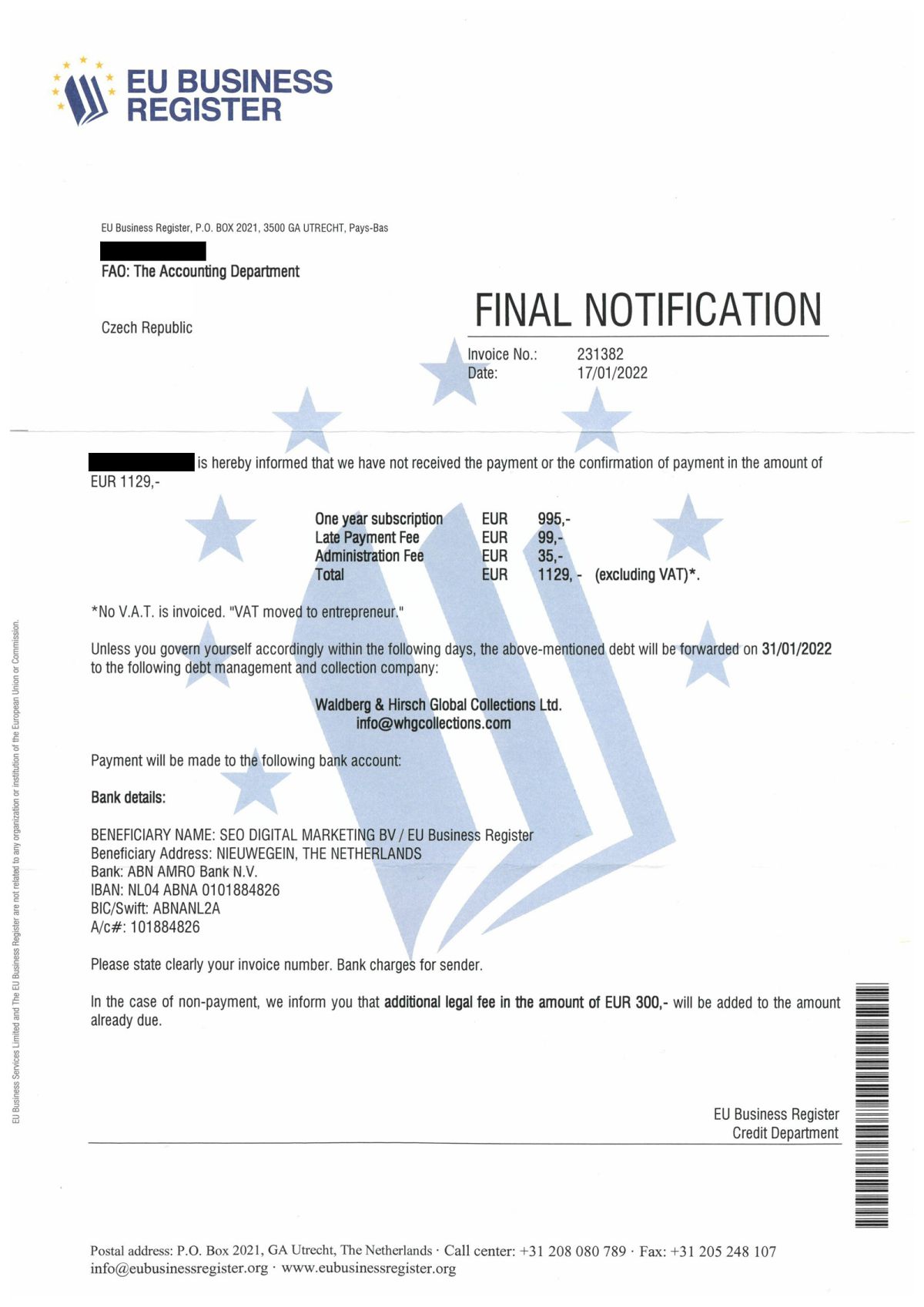 “EU Business Register-spam: wat gebeurt er als u niet betaalt?